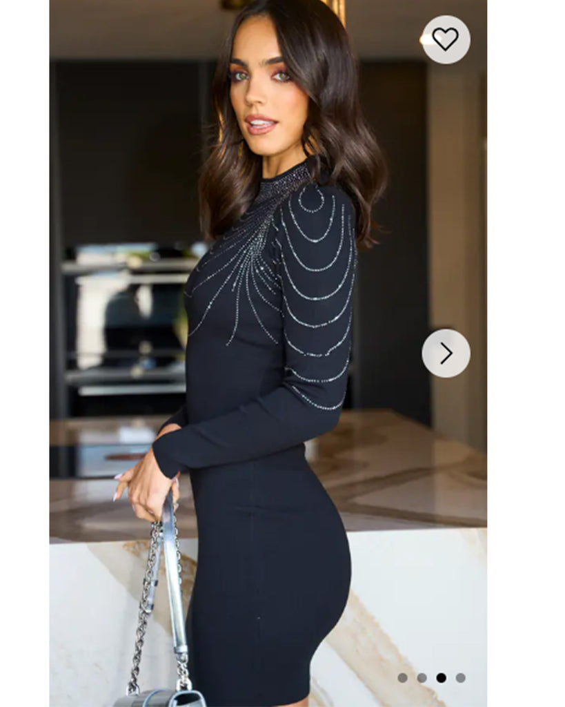 Long sleeves Chain Embellished bodycon dress in black