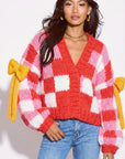 Red White Checked Print Pattern with Big Bow design HandKnit Cardigan
