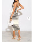 Knitted Stripe Print With Straps Design Midi Bodycon Dress