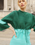 Multi-Colour Pleated Midi Dress With Adjustable Waist In Green