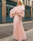Pleated long dress with organza pleated cape sleeves in Light Pink