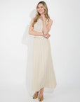 Pointelle knit vest top and maxi pleated skirt in beige