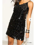 Circle Disc Sequin Strappy Short Dress in Black