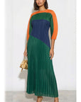 Green Colour Block Pleated Top and Skirt Co-ords Suits