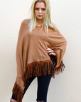 Faux Leather Tassel Camel Knitted Cape