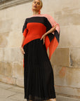 Orange Colour Block Pleated Top and Skirt Co-ords Suits