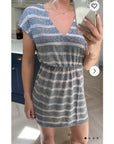 Short Sleeve V Neck Mini Dress In Grey Stripe
