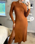 Soft Knitted Ribbed Midi Bodycon Dress tie up on back In Brown