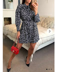 Long Sleeve Shirt Dress with Tie Waist in Black and White Print