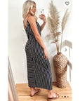Double strip navy white stripe Maxi dress in black