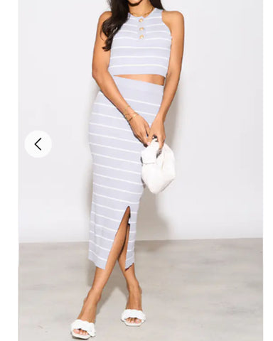 Knitted stripe print vest top and midi skirt co-ords set in grey
