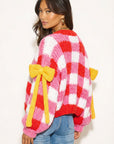Red White Checked Print Pattern with Big Bow design HandKnit Cardigan