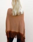 Faux Leather Tassel Camel Knitted Cape