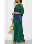 Green Colour Block Pleated Top and Skirt Co-ords Suits