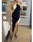 Soft Knitted Ribbed Midi Bodycon twist neck Dress In Black Cream Contrast