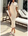 Knitted maxi dress with polo neck in Short Sleeves Beige colour