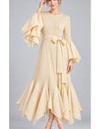Pleated Fluted Sleeve Handkerchief Hem Maxi Dress with Belt in Cream