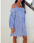 Eyelash Embroidery Blue Stripe Cold Shoulder Dress