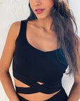 Knitted bodycon style vest top with tie up design and midi pencil skirt co-ords set in Black