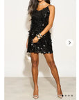 Circle Disc Sequin Strappy Short Dress in Black