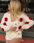 Hand-Knitted Strawberry Appliqué Cardigan