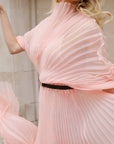 Pleated long dress with organza pleated cape sleeves in Light Pink