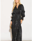 Silky feeling organza midi dress with ruffle design on sleeves and skirt hem in Black