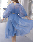 Floral Appliqué Pleated Organza Cape Midi Dress