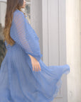 Floral Appliqué Pleated Organza Cape Midi Dress