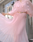 Floral Appliqué Pleated Organza Cape Midi Dress