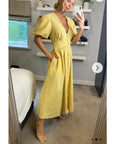 Check print Cotton Blend Puff sleeves midi dress in yellow