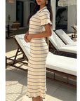Knitted maxi dress with polo neck in Short Sleeves Beige colour
