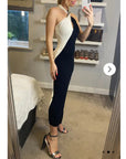 Soft Knitted Ribbed Midi Bodycon twist neck Dress In Black Cream Contrast
