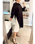 Cotton shirt dress with Pleated chiffon hem design in black