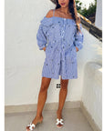 Eyelash Embroidery Blue Stripe Cold Shoulder Dress
