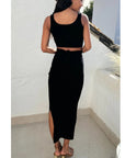 Knitted bodycon style vest top with tie up design and midi pencil skirt co-ords set in Black
