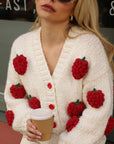 Hand-Knitted Strawberry Appliqué Cardigan