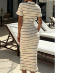Knitted maxi dress with polo neck in Short Sleeves Beige colour