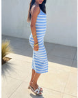Knitted Stripe Print With Straps Design Midi Bodycon Dress