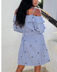Eyelash Embroidery Blue Stripe Cold Shoulder Dress