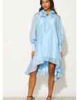 Ruffle Tie Neck Oversized Midi Dress In Blue