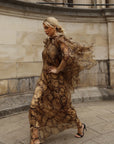 Animal Print Organza Ruffle Statement Maxi Dress