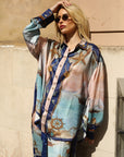 Ocean Treasure Print Shirt & Wide-Leg Trousers Suits In Blue