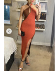 Soft Knitted Ribbed Midi Bodycon twist neck Dress In Brown coffee Contrast