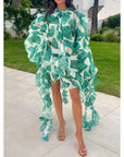 Heavy Tiered Ruffle Oversized Dress In Green Leaves' Print