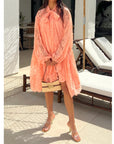 Floral Lace Long Blouseon Sleeves Design Dress In Peach orange