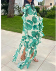 Heavy Tiered Ruffle Oversized Dress In Green Leaves' Print