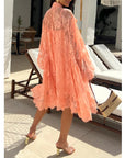 Floral Lace Long Blouseon Sleeves Design Dress In Peach orange