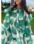Heavy Tiered Ruffle Oversized Dress In Green Leaves' Print