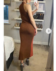Soft Knitted Ribbed Midi Bodycon twist neck Dress In Brown coffee Contrast